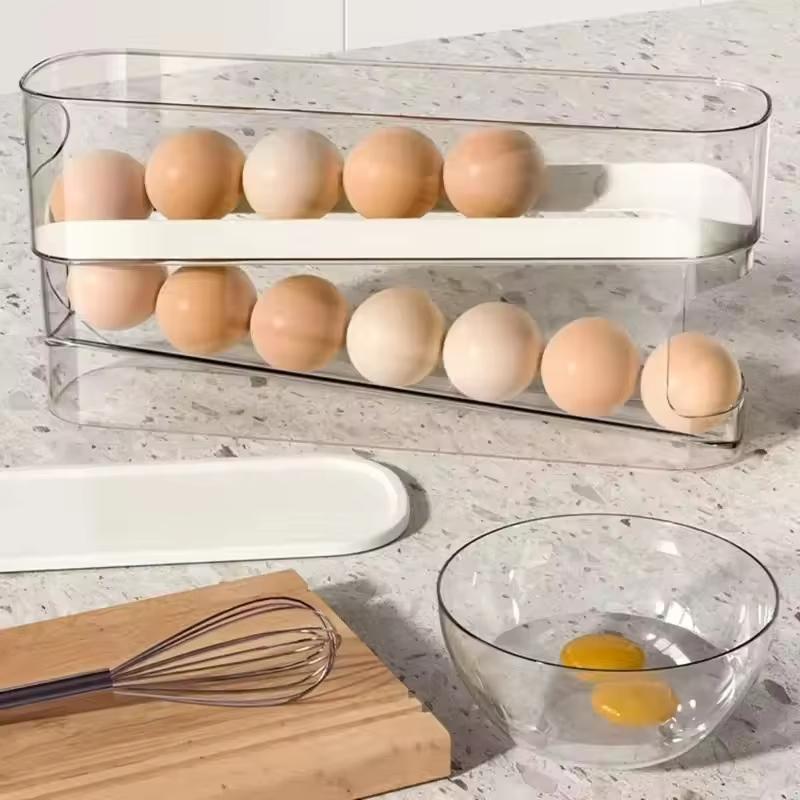 Egg Dispenser, Suitable for Refrigerator, Kitchen Storage Organizer, Countertop, Transparent Double Layer Egg Dispenser Holder
