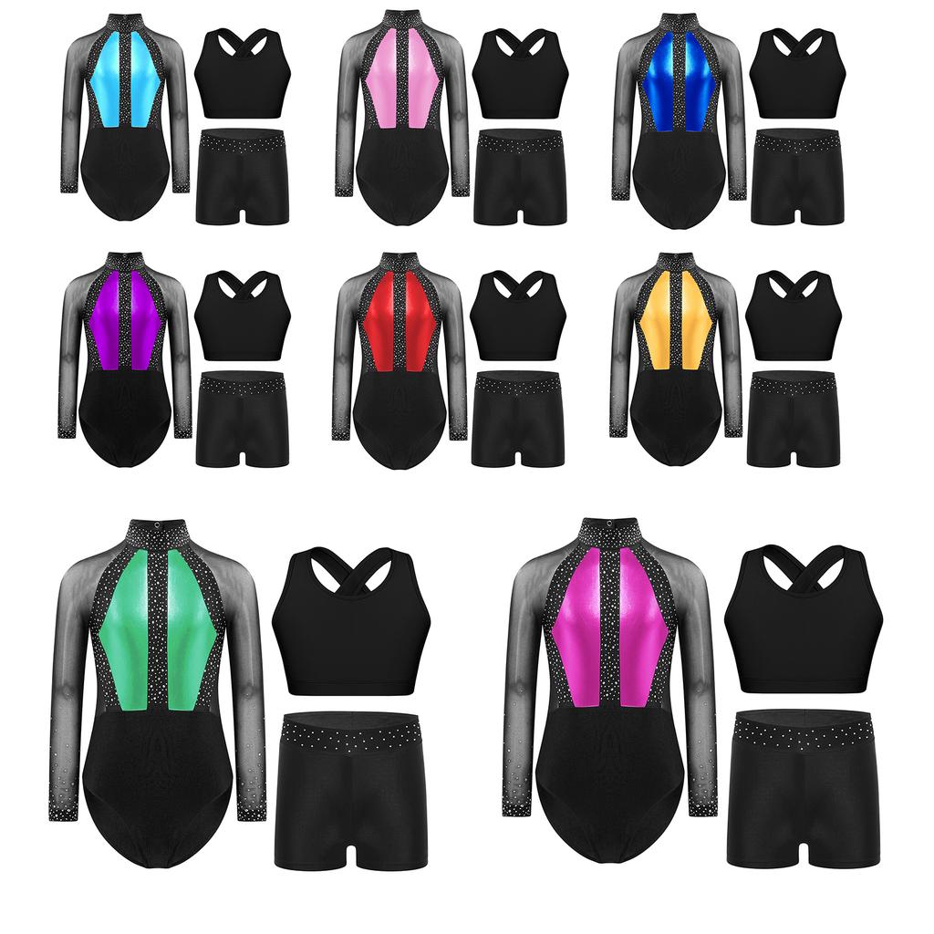 Girls Gymnastics Dance Outfit Mesh Long Sleeve Rhinestone Leotard Cross Back Vest Waistband Shorts