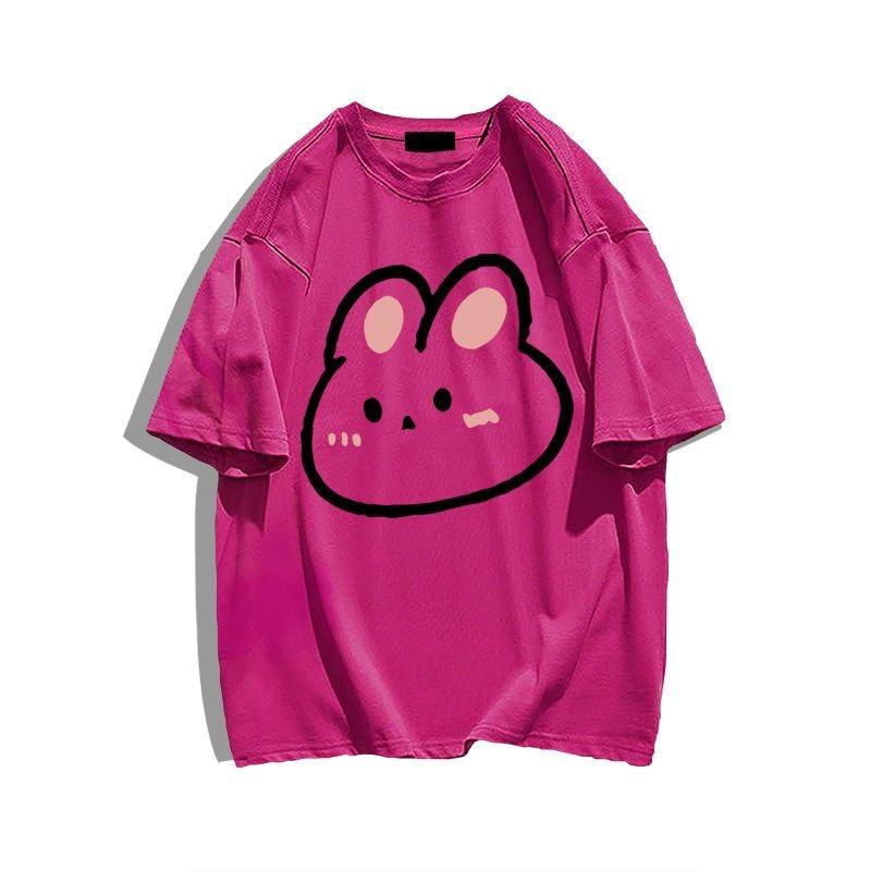 Cotton Cartoon Rabbit Print Short Sleeve T Shirt Loose Fit Unisex Summer