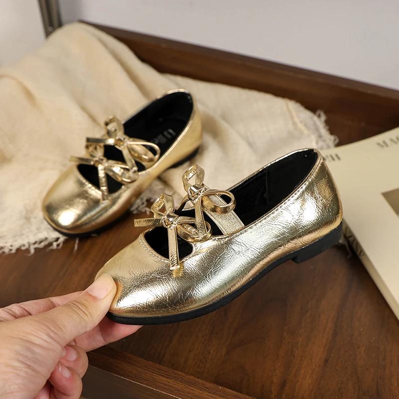 Girls Princess Ballet Shoes Gold Silver Versatile Children's Leather Shoes Fashion Sweet Kids Causal Performance Flat Shoes New