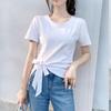 New Summer Short-sleeved T-shirt for Women Round Neck Solid Color Irregular Lace-up Slim Fit Versatile and Chic Women's Top
