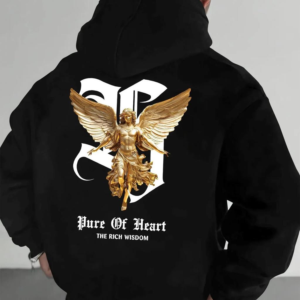 Men's Hoodie, Featuring a Gold Angel Statue, Gothic Lettering "Pure Heart" Printed on the Back and a Relaxed Street Style