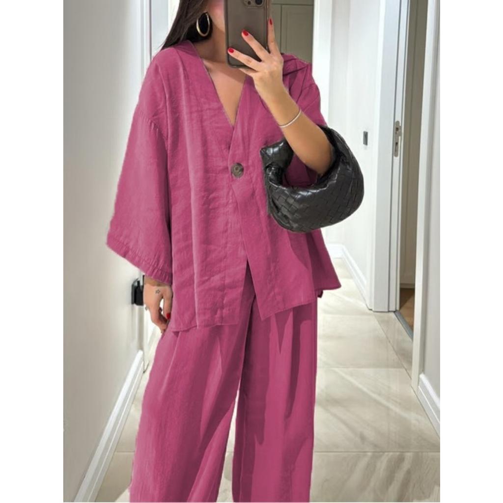 Women's Fashion Casual Suit V-neck One Button Loose Long Sleeved Top, High Waisted Trousers Two-piece Set