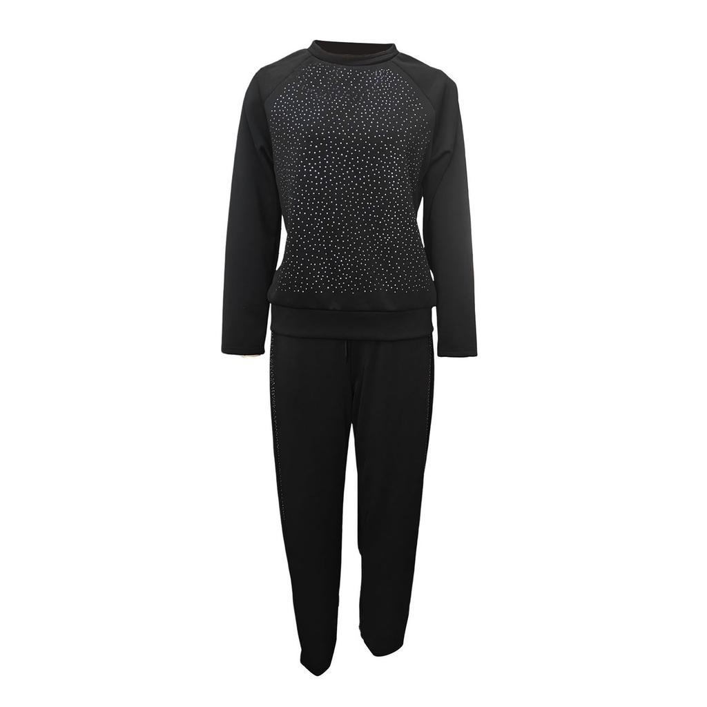 2 шт./комплект женский топ брюки костюм со стразами декор О-образный вырез длинные рукава пэчворк спортивный свитшот эластичный пояс брюки фитнес-наряд осень весна