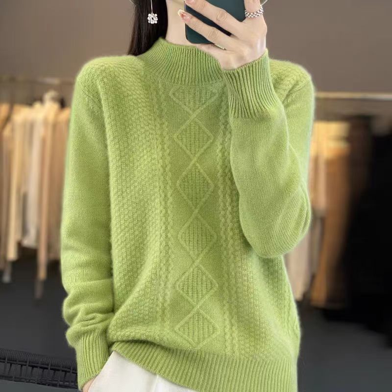 Пуловер с полувысоким воротником, вязаный свитер для женщин, осень и зима, однотонный, с длинным рукавом, свободный, повседневный свитер