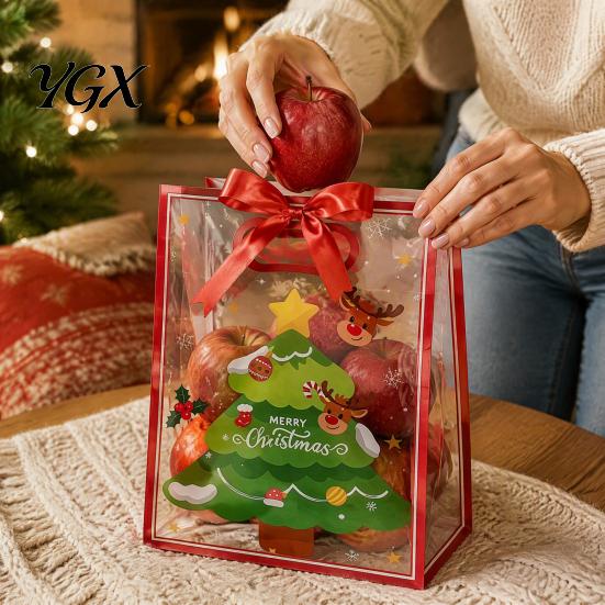 Holiday Party Gift Containers Christmas Bags with Handles, Reusable Clear PP Treat for Candy Apples Cookies, Favor Packaging Ribbon Bow Transparent