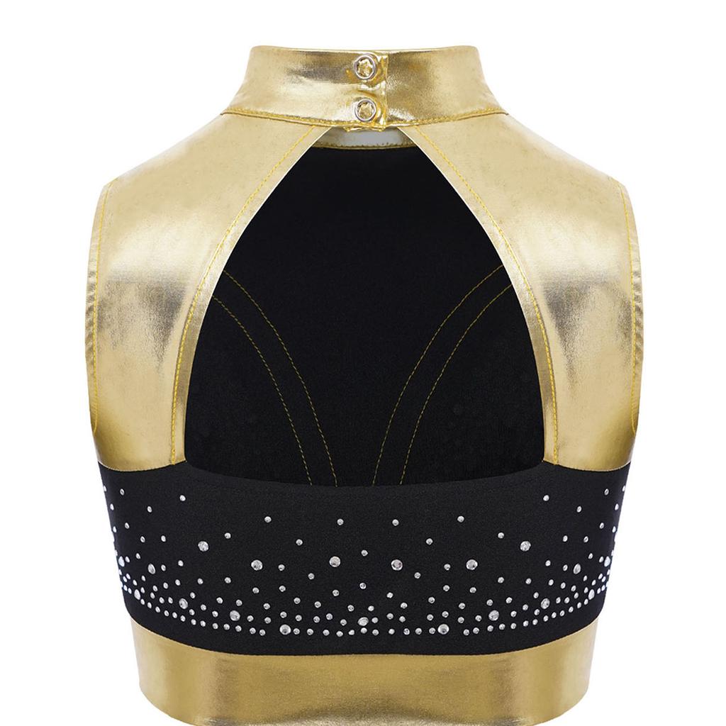 Детская танцевальная одежда Кроп-топ с воротником-стойкой Без рукавов Вырез на спине Блестящие стразы Металлик