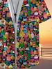 Fashionable Tropical Cartoon Monster Patchwork Pattern Men's Casual Shirt - Short Sleeve Button-Up Design, for Summer Outdoor and Casual Wear