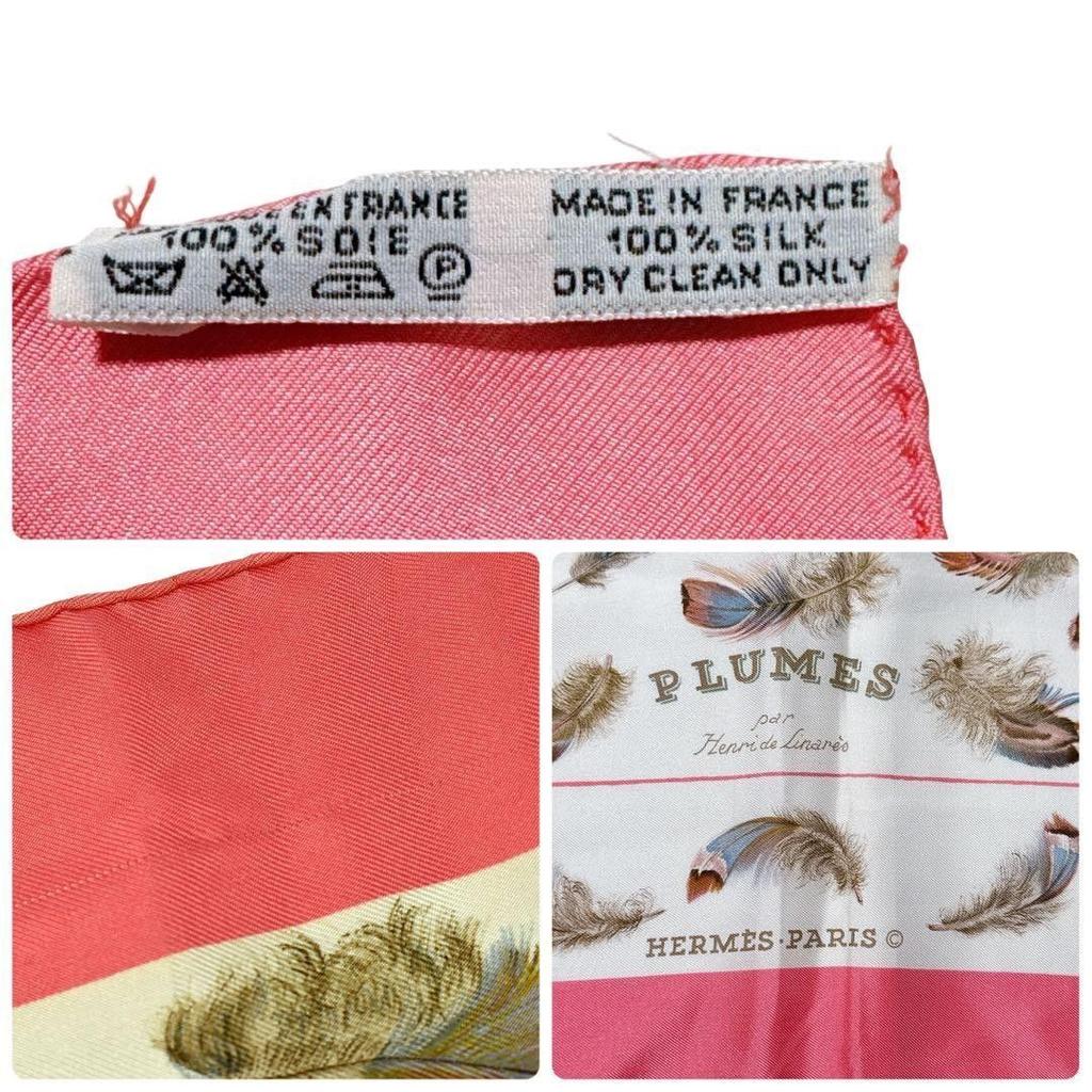 [Б/У] HERMES PLUMES от Анри де Линарес Платок-каре 90 Шелковый Белый и Модный шарф, Розовый, Женские аксессуары, Шаль, Платок