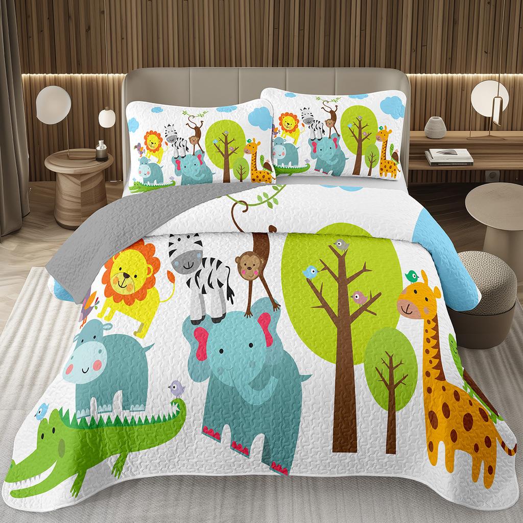 Funny Cartoon Animal Bedspread Queen/Full Kawaii Elephant Panda Coverlet Reversible Grey Quilted Bedding Set For Kids Teen Room