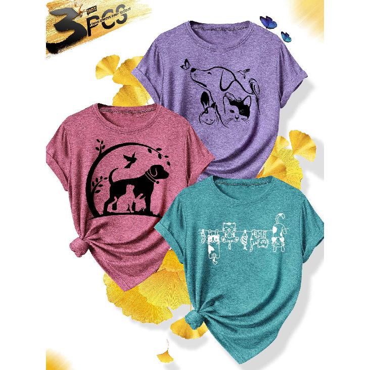 3 Simple and elegant women's party outfit Cat and Dog Silhouette Line Pattern Round Neck Casual Sporty Fresh Elegant Plus Size Women's Short Sleeve T