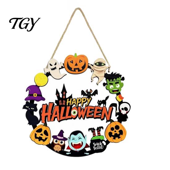 Fall Front Porch Signs Halloween Wooden Wreath Door Hanger Sign, Pumpkin Ghost Black Cat Witch Weatherproof Wall Decorations Bat Patterns, Hanging