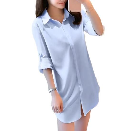 Женская рубашка с лацканами, длинный рукав, рубашка средней длины, однотонная, с пуговицами, планка, повседневная, стандартный крой, топы для повседневной носки