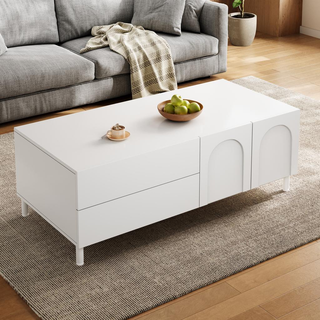 Storage Coffee Table, Rectangular Living Room Table, Coffee Table with Arched Doors, Table made of Chipboard+MDF, Table with Steel Tube Legs