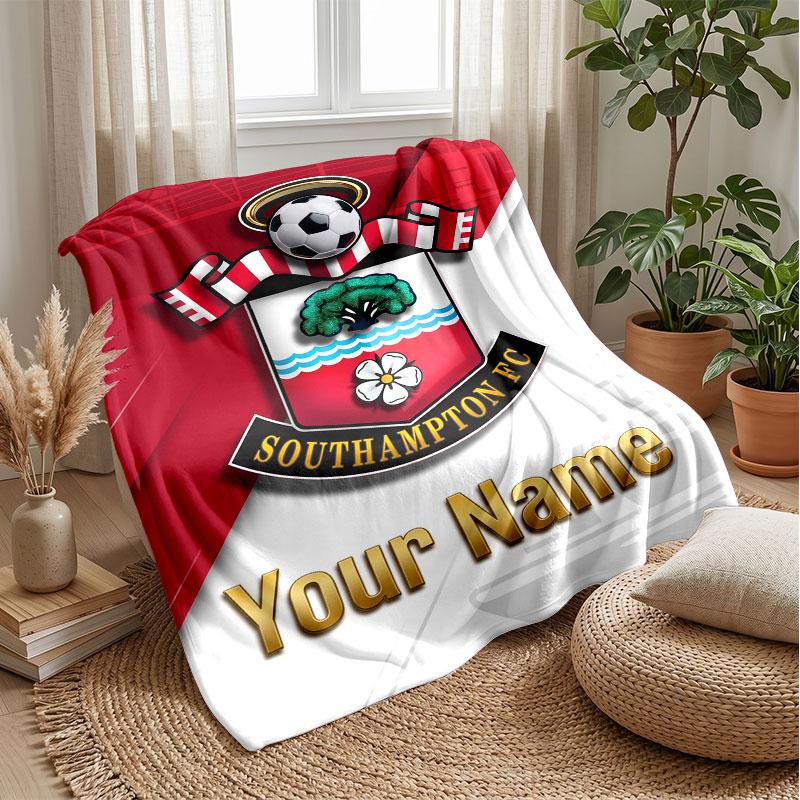 Southampton FC Custom Name Text Flannel Blanket Soccer Logo Personalized Fleece Throw Blanket Special Gift For Sofa Bedroom Home