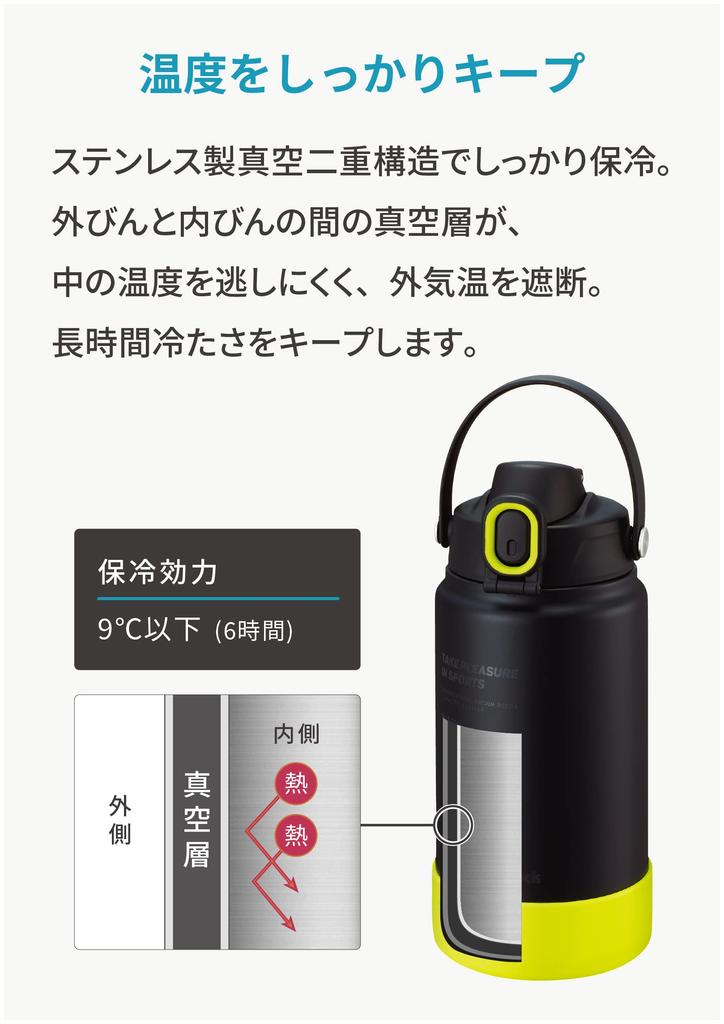 Peacock BY Stainless Steel Water Sports Drink Direct Yellow AJG-R150 Bottle, 1.5L, Compatible, One-Touch Drinking, Insulated, Black,