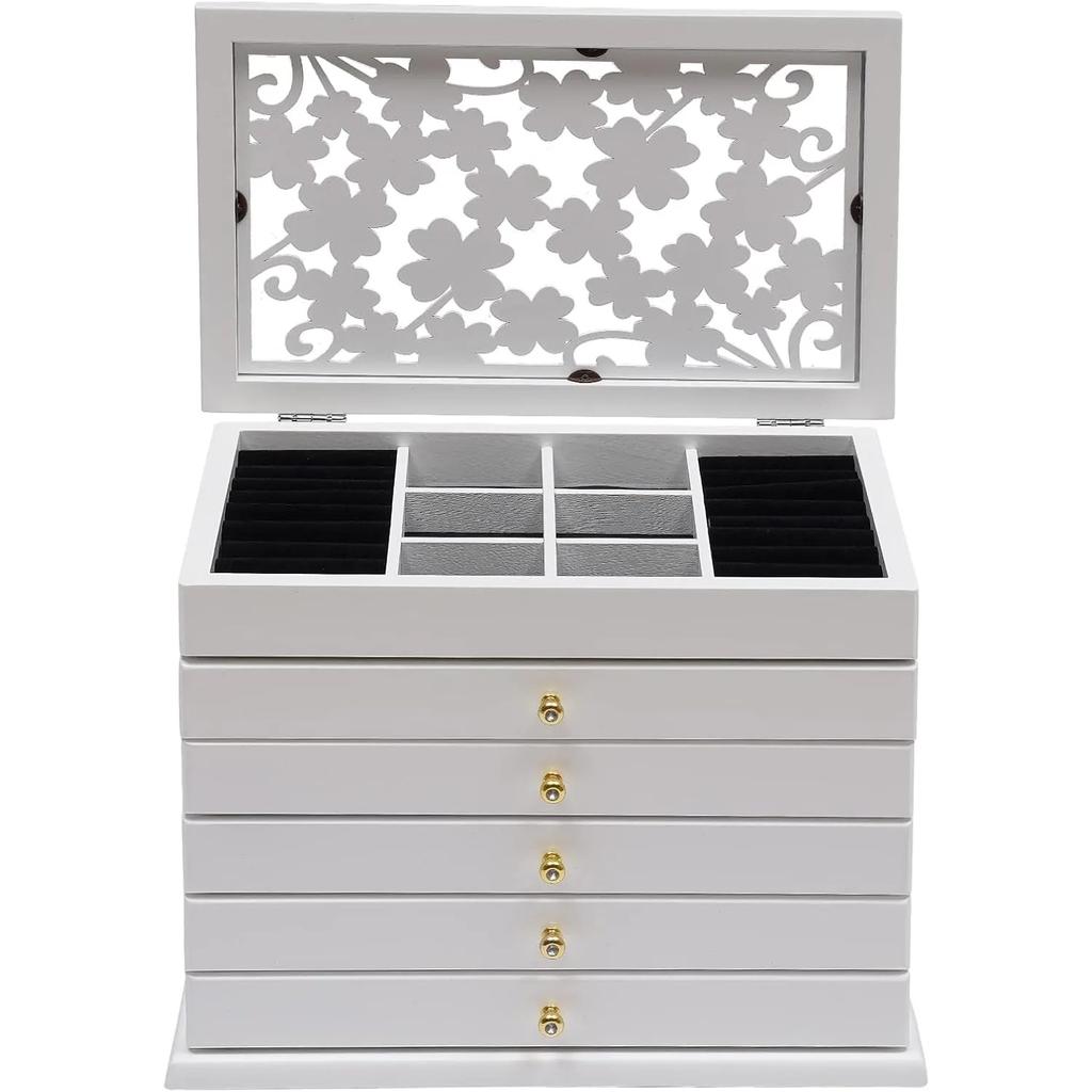 Деревянная шкатулка для украшений с 6 ярусами, белый органайзер для украшений для женщин, для ожерелий, серег, колец, заколки для волос