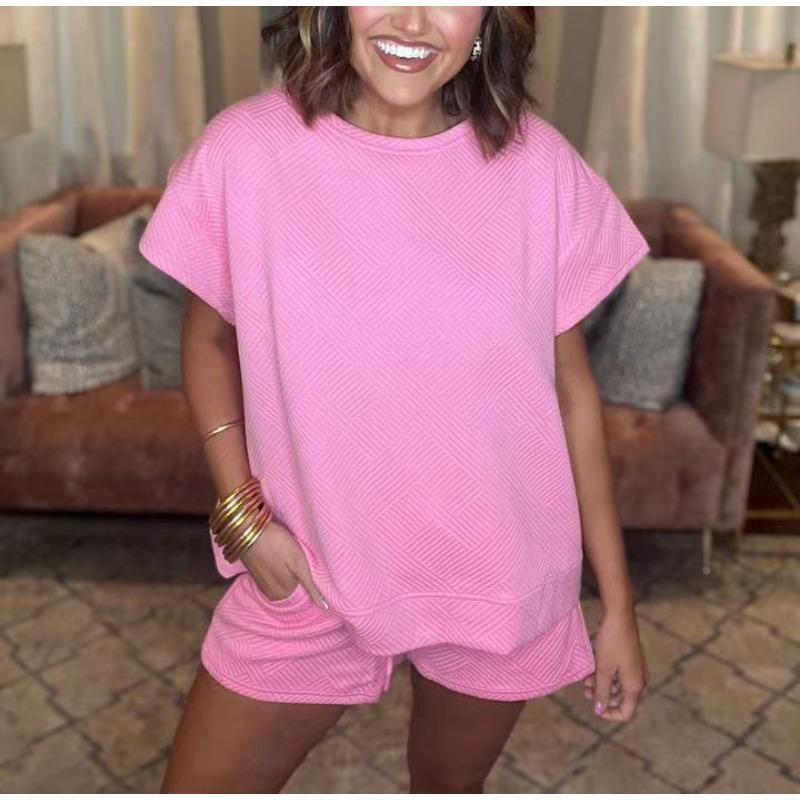 Однотонный топ с круглым вырезом и короткими рукавами для женщин, весна-лето, фактурная ткань, модные шорты, комплект для женщин, костюмы и комплекты для женщин