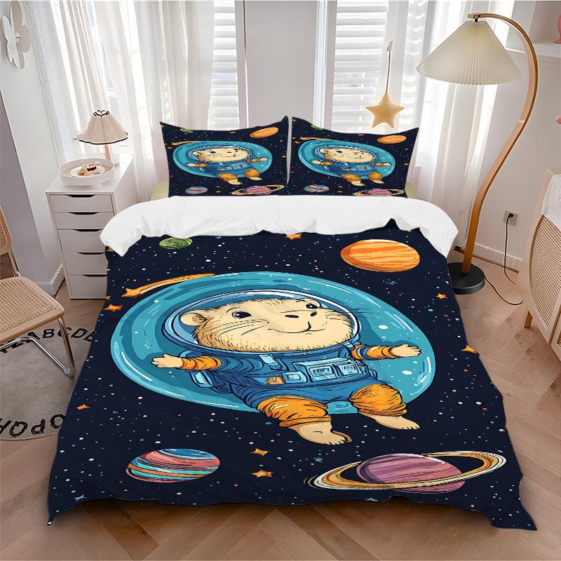 3pcs Space Hamster Bedding Set - 1 Duvet Cover + 2 Pillowcases(Core Not Included), Machine Washable Polyester yy251216129