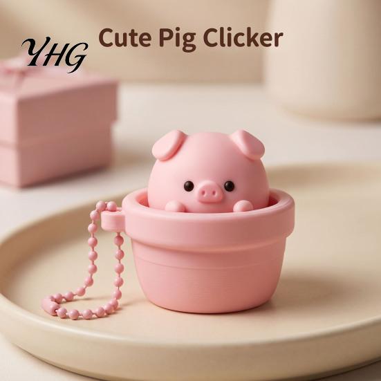 Portable Desk Toy Potted Pig Clicker with Bead Chain, Clicky Button Fidget Finger for Stress Relief, Backpacks School Bags Decor Relief Gadget