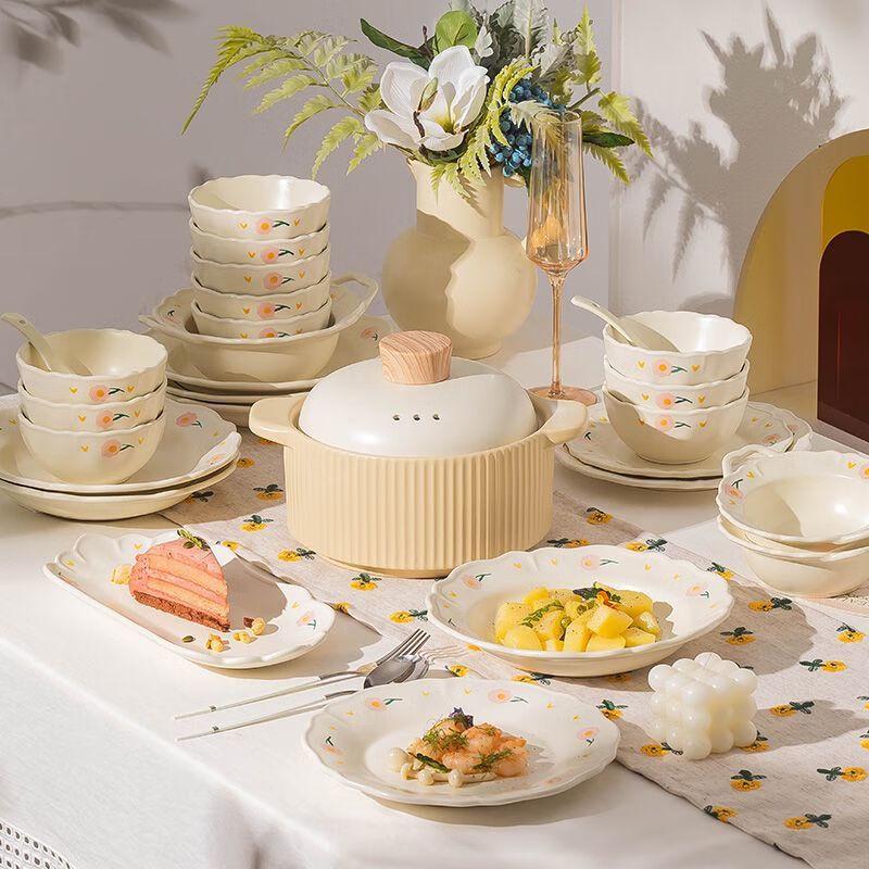 Kangmo French White Peony Ceramic Dinnerware Set with Casserole