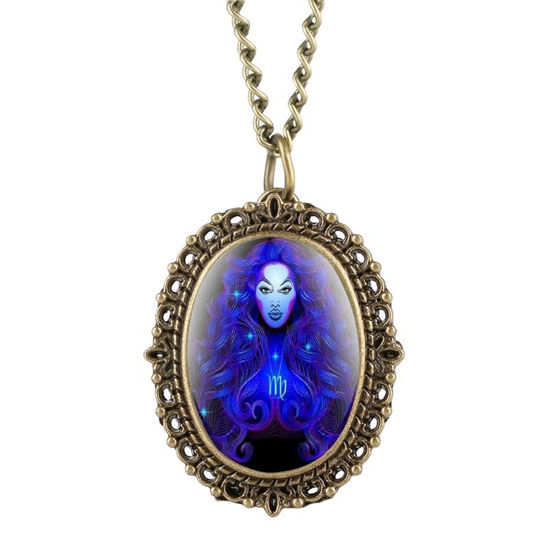 New 12 Constellation Astrology Oval Pocket Watch Unique Fluorescent Blue Zodiac Necklace Pendant Quartz Birthday Gift for Friend