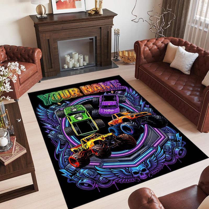 Monster Truck Theme Crystal Velvet Rug Personalized Custom Name Text Soft Floor Mat Home Decor