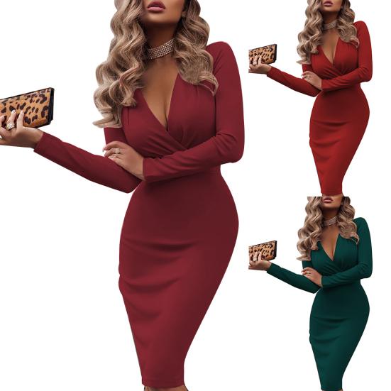 Модное женское однотонное облегающее банкетное платье миди с длинными рукавами и V-образным вырезом