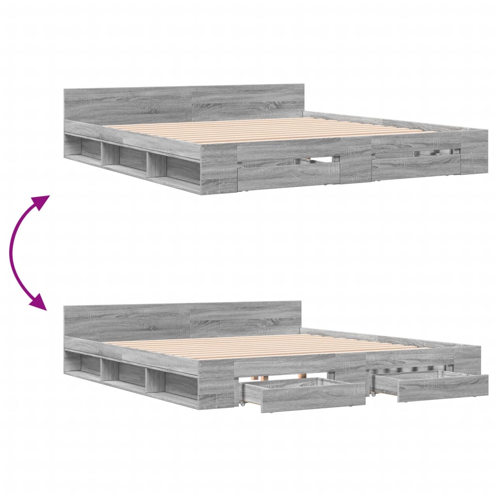 Bed Frame with Drawers Grey Sonoma 200x200 cm Particleboard