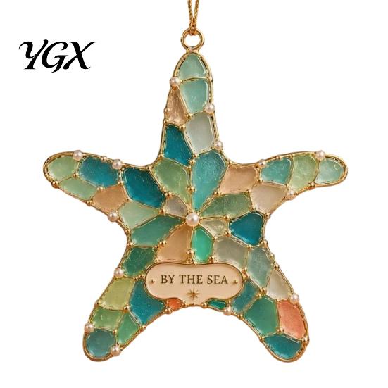 Modern Home Holiday Decor Handmade Sea Glass Coastal Christmas Ornaments, Turtle Seahorse Starfish Gifts for Season Sailboat Beach Hanging Decoration