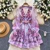 Spring Summer Women Elegant Full Sleeve Flower Print Mini Short Shirt Party Dresses With Belt