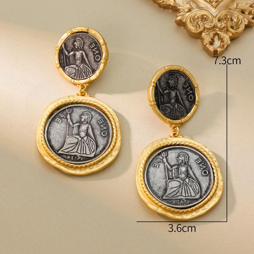 Винтажные серьги-гвоздики S925 Серебряная игла Западный двор Антикварные монеты Портреты Позолоченные Настоящим золотом