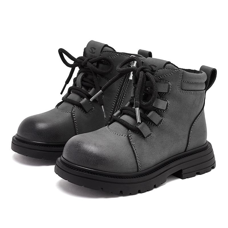 Kids Martin Boots PU Leather Lace-up Side Zipper Ankle Boots British Style Non-slip Shoes For Boys Girls Spring Autumn School Outdoor