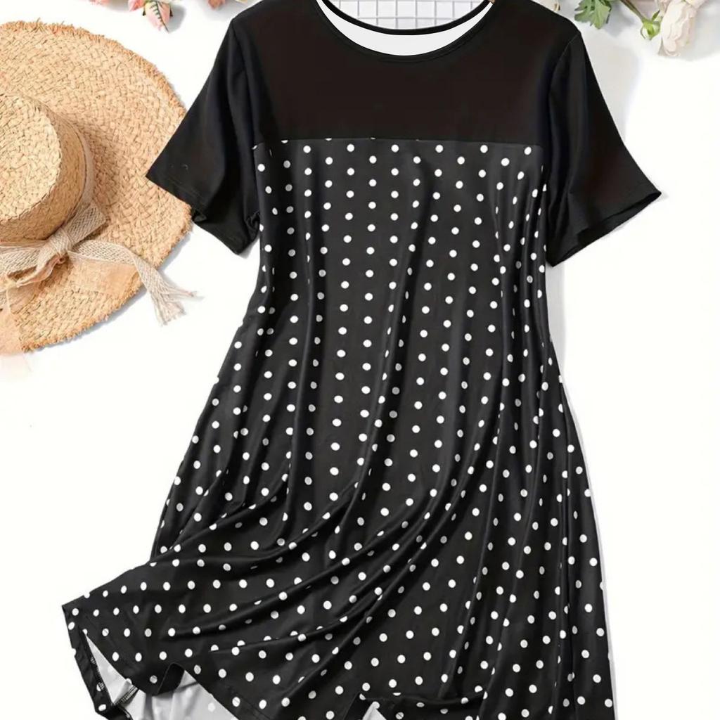 Damska piżama sukienka z krótkim rękawem z okrągłym dekoltem w kropki Wygodna sukienka