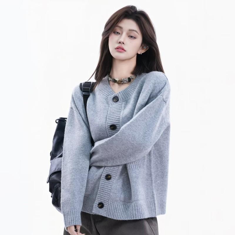 Womens Gray Knit Cardigan Sweater Loose Fit Casual Round Neck Short Length Wear