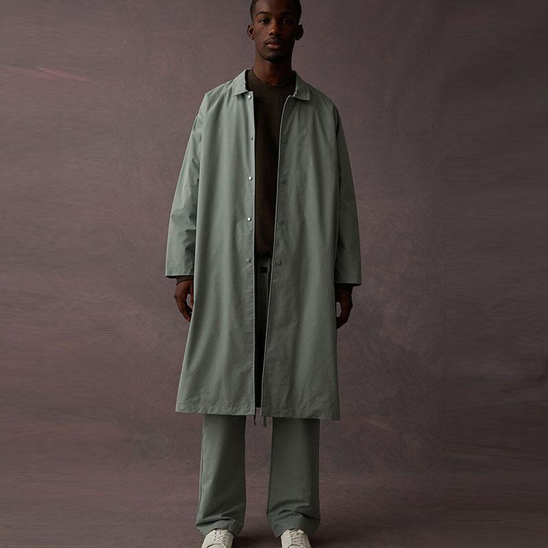 Fear of God Essentials Коллекция 2 Весна-Лето 23 Длинное Пальто Платан Однотонное На Пуговицах Длинный Американский Тяжелый Тренч Унисекс Пальто Туманно-Синий FOG-SS23-348