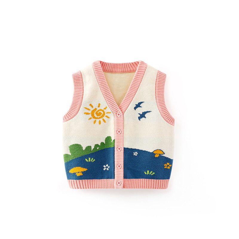 Children's Clothing Boys and Girls Pastoral Style Knitwear Baby Vest Vest Cardigan Spring and Autumn Cartoon Children's Vest Sweater