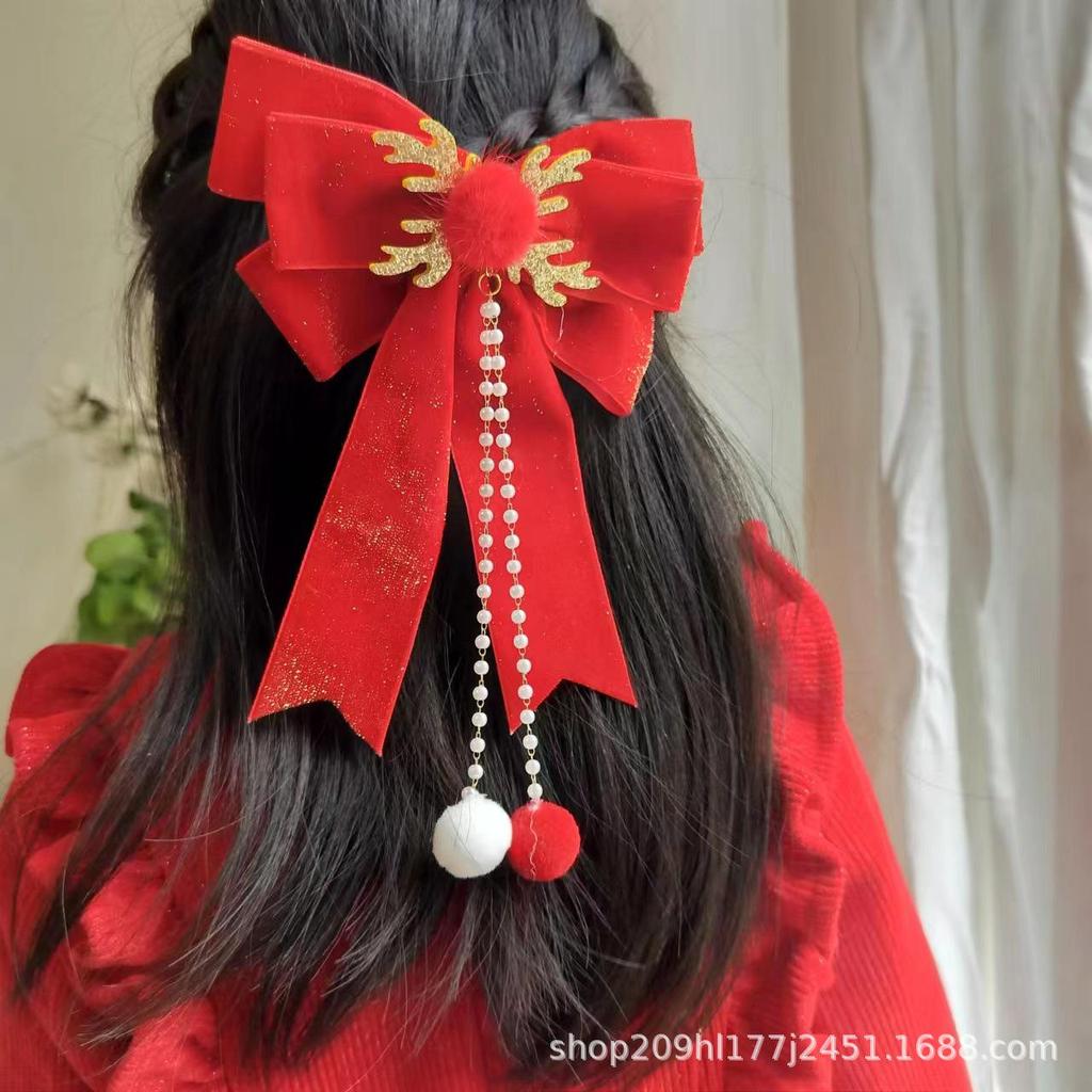 Праздничные красные новогодние аксессуары для волос: Ленты, банты, шпильки, головные уборы и заколки с кисточками для девочек