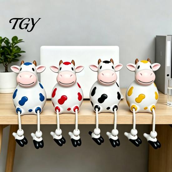 Cow Figurine Resin Statue, Cute Shelf Sitter with Dangling Rope Legs, Garden Decor for Patio Cartoon Farmhouse Animal Ornament Fence Railing, Planter,