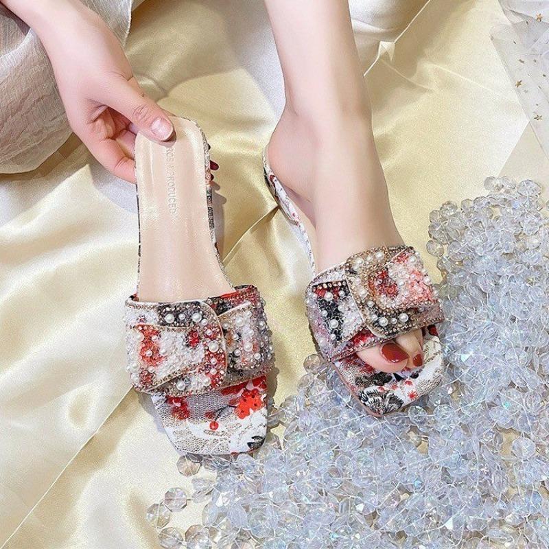 Женские босоножки, летние, блестящие, со стразами, бантики, классические, цветные, для банкета, вечеринки, на низком каблуке, тапочки Zapatos De Mujer