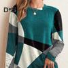 Women Geometric Patchwork Color Tops O Neck Long Sleeve Buttons Decor Casual Blouse Loose Fit Tunic Tops