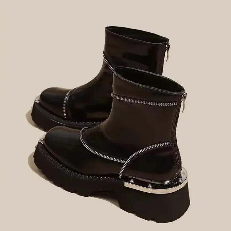 Женская обувь на распродаже Модные женские ботинки на молнии Зимние с круглым носком Однотонные Короткие на платформе Массивный каблук Женские ботинки