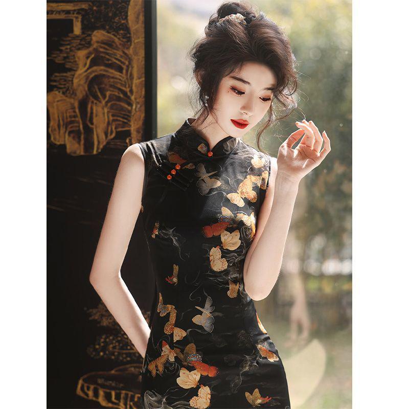 2024 Black Summer Cheongsam Set: Retro Shanghai Sleeveless Style