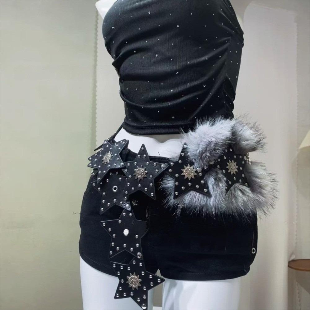 Studded Design Waist Chain Faux Fur Fur Waistband Fashion PU Leather Fur Belt Women's Accessories