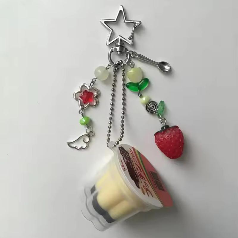 1 шт. Брелок в форме сердца, японский пудинг, розовый, желтый, шарм в виде яичного флана, Y2K, ретро эстетика, бисерный аксессуар