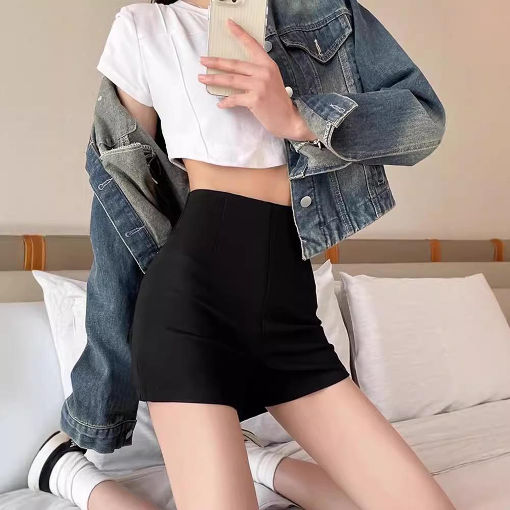 2025 Женские шорты с высокой талией, утягивающие, черные - Летние повседневные мини-шорты