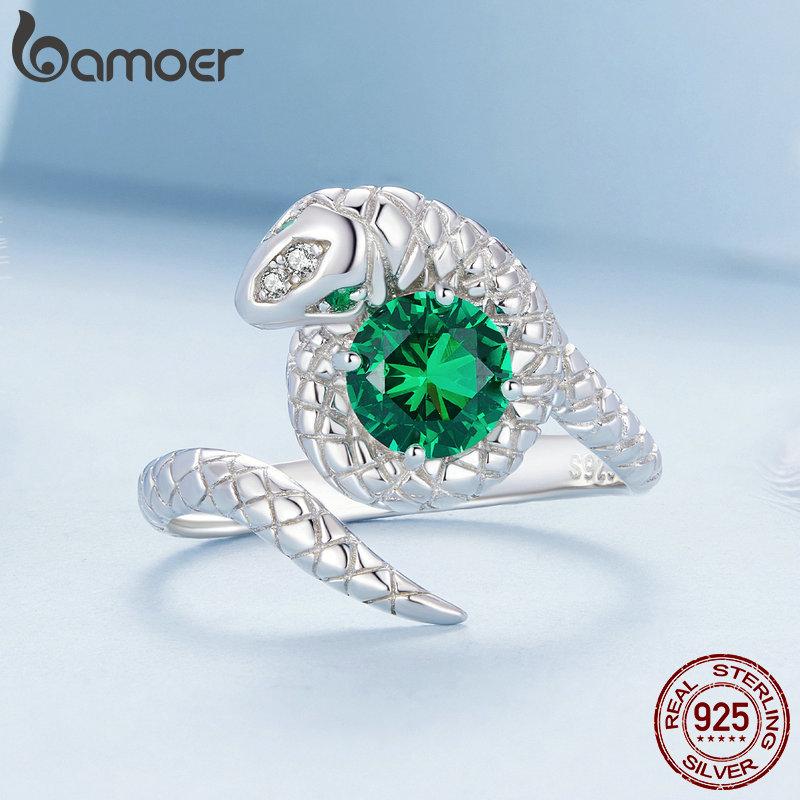 BAMOER 925 Sterling Silver Green Spinel Opening Ring Vivid Snake Adjustable Ring for Women Cubic Zirconia Fine Jewelry