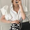 Women's Polo Neck White Shirt Elegant Puff Sleeve Short Top Slim Commute Blouse Sweet Cotton Shirts New Fashion Spring Summer