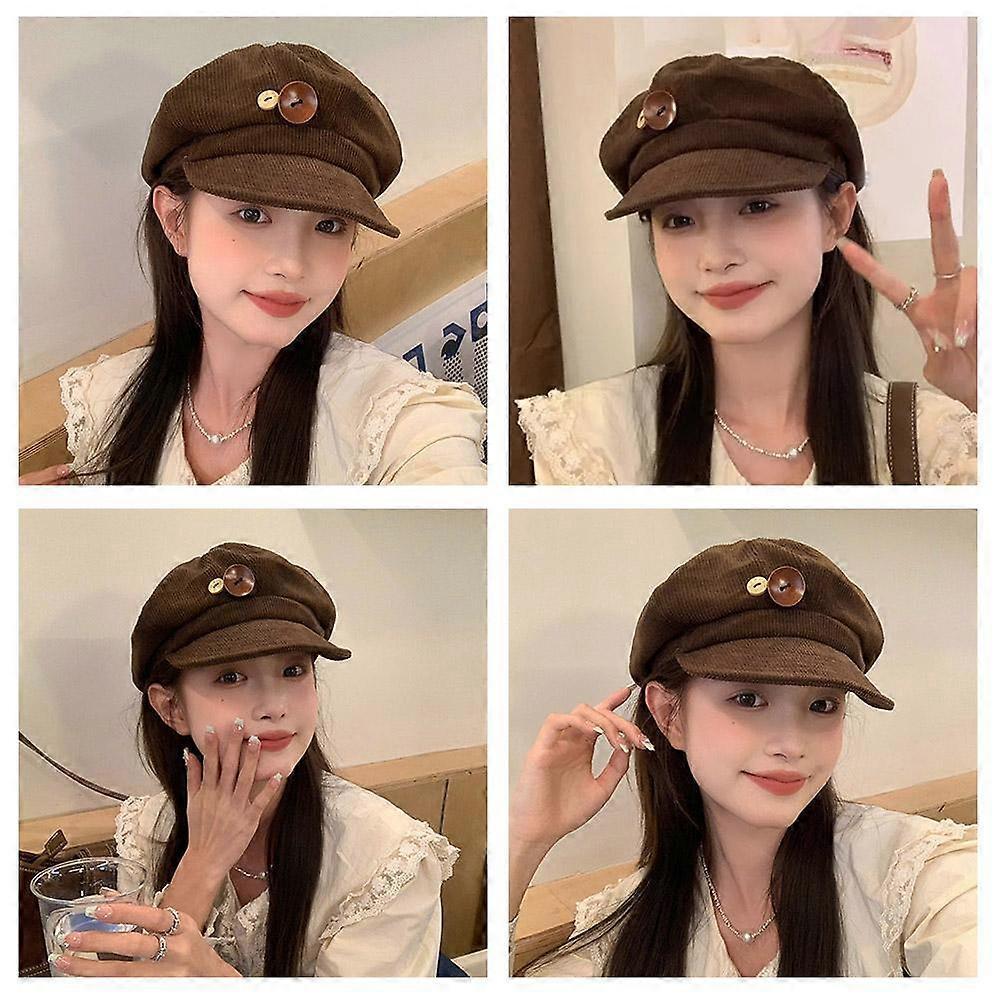 Corduroy Octagonal Hat Autumn and Winter Vintage Button Corduroy Octagon Hat