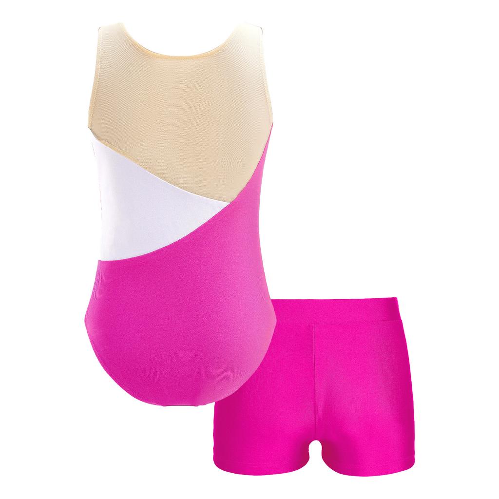Girls Sleeveless Sequins Rhinestone Leotard Patchwork Design V Front Waistband Shorts Dance Set